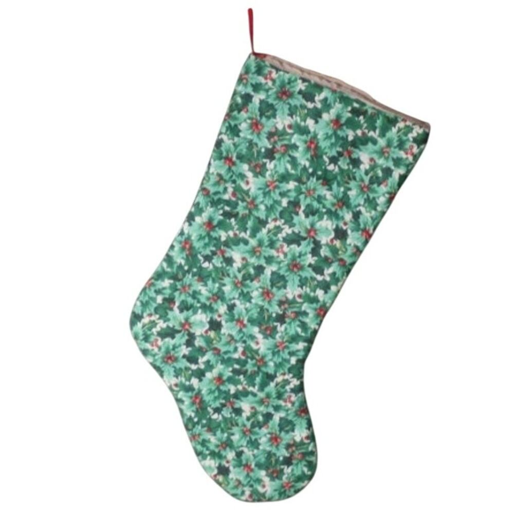 Handmade Christmas Stocking Fabric Holly Leaves and Berries 14"